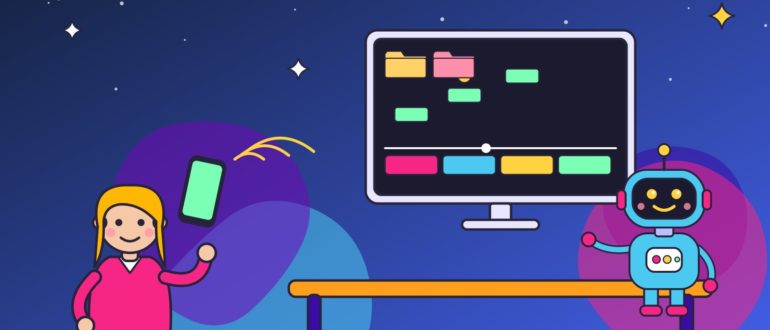 Девушка с телефоном в руке управляет на расстоянии роботом, который работает за её компьютером с папками, видео и игровым уровнем на экране